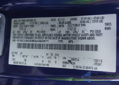 2013 Ford Escape Se z USA, uszkodzony, nr VIN 1FMCU9GX8DUA60871